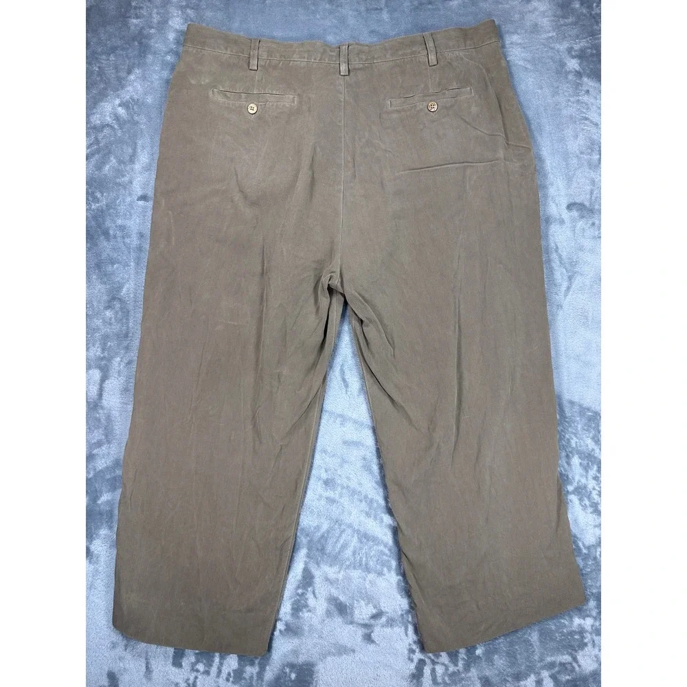 Baracuta Mens 42 100% Silk Pleated Trousers Olive Brown Herringbone Wide Leg